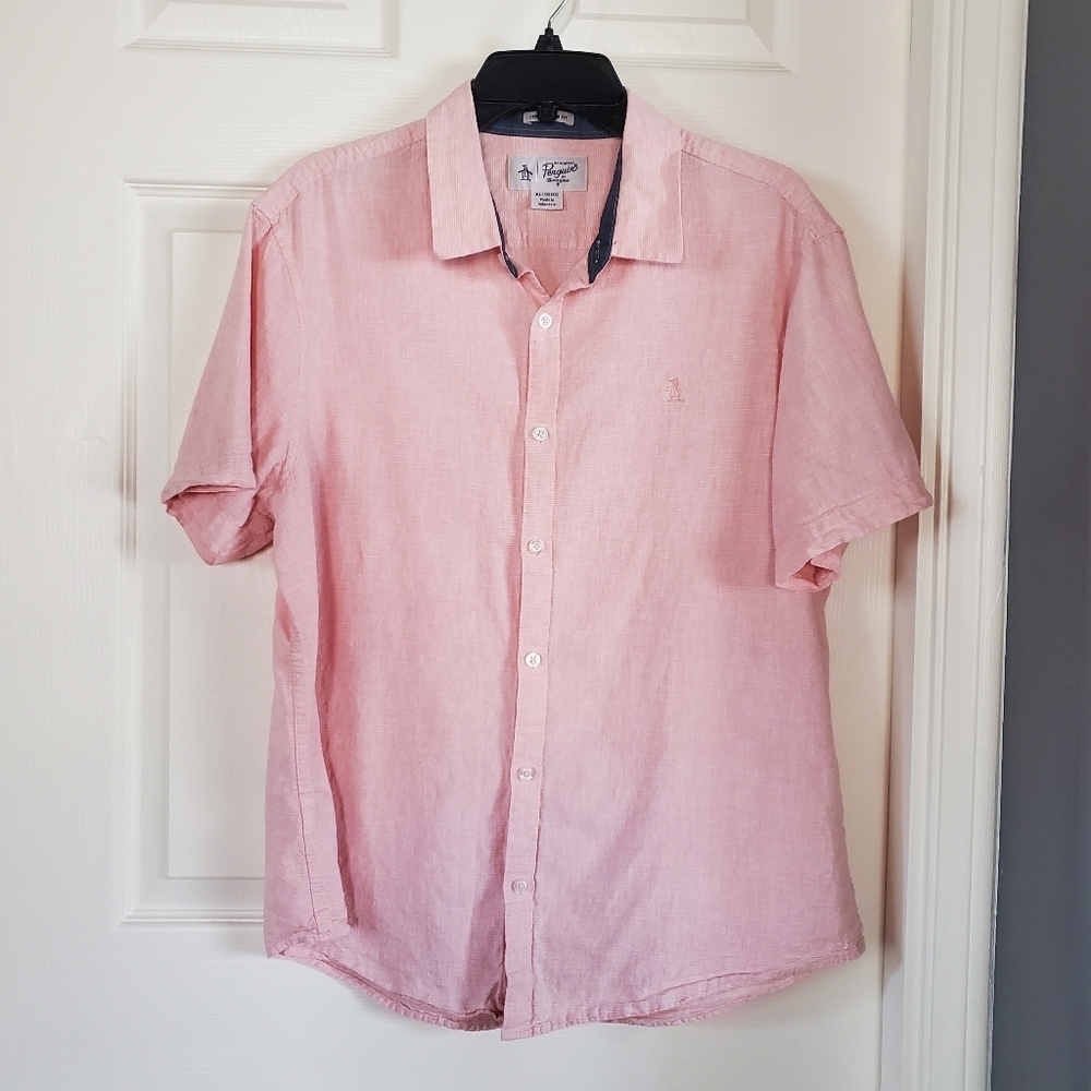 Penguin Heritage Slim Fit Linen Blend Shirt Button-up Short Sleeves Pink Size XL